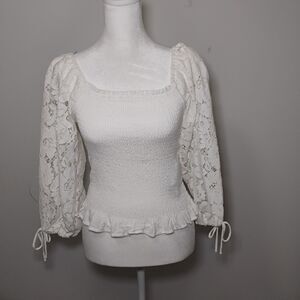 Coquette CottageCore Crochet Smocked Lace Milkmaid Renaissance Festival Blouse M